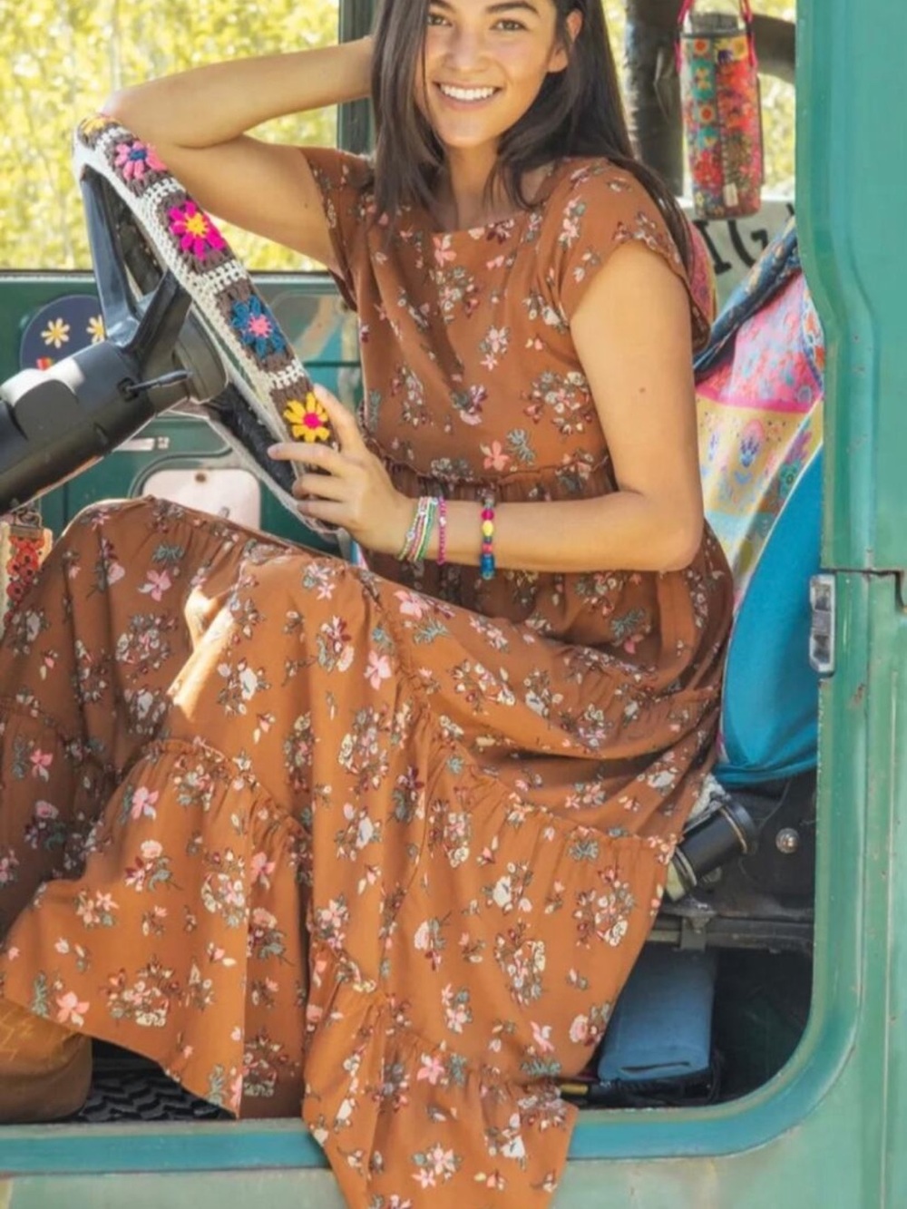 Natural Life Berkley Maxi Dress M Brown Bouquets Floral Tiered Boho Square Neck